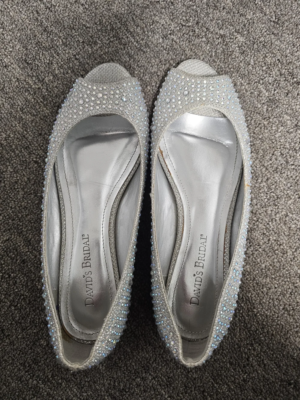 David's Bridal Silver Crystal Open-Toe Flats